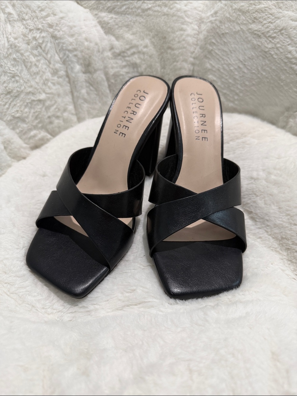 Journee Collection Black Cross-Strap Square Toe Heels
